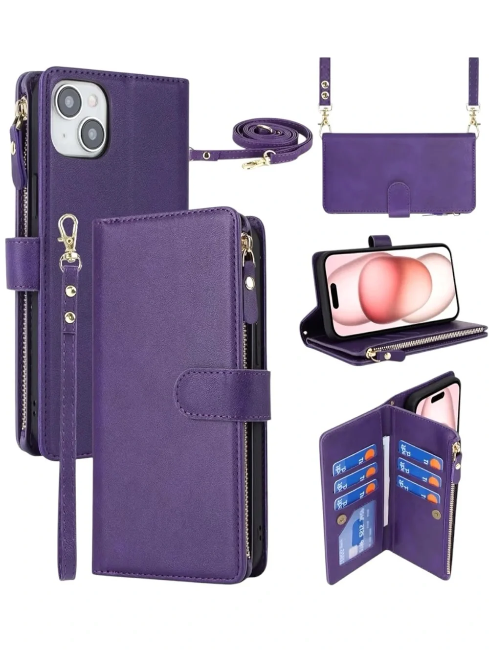 NEW Purple Faux Leather Wallet iPhone Case w/ Crossbody Strap & Card Organizer